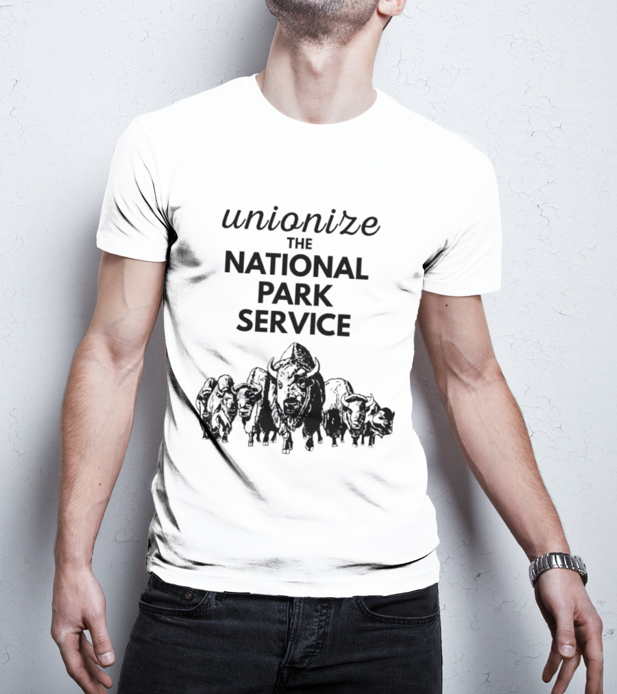 Unionize The National Park Service Bison Herd Oso Artists Orchard Button T-Shirt