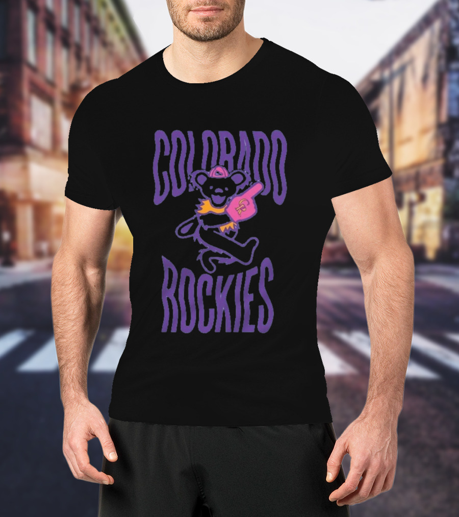 Colorado Rockies Grateful Dead Bear With Foam Finger Fan T-Shirt