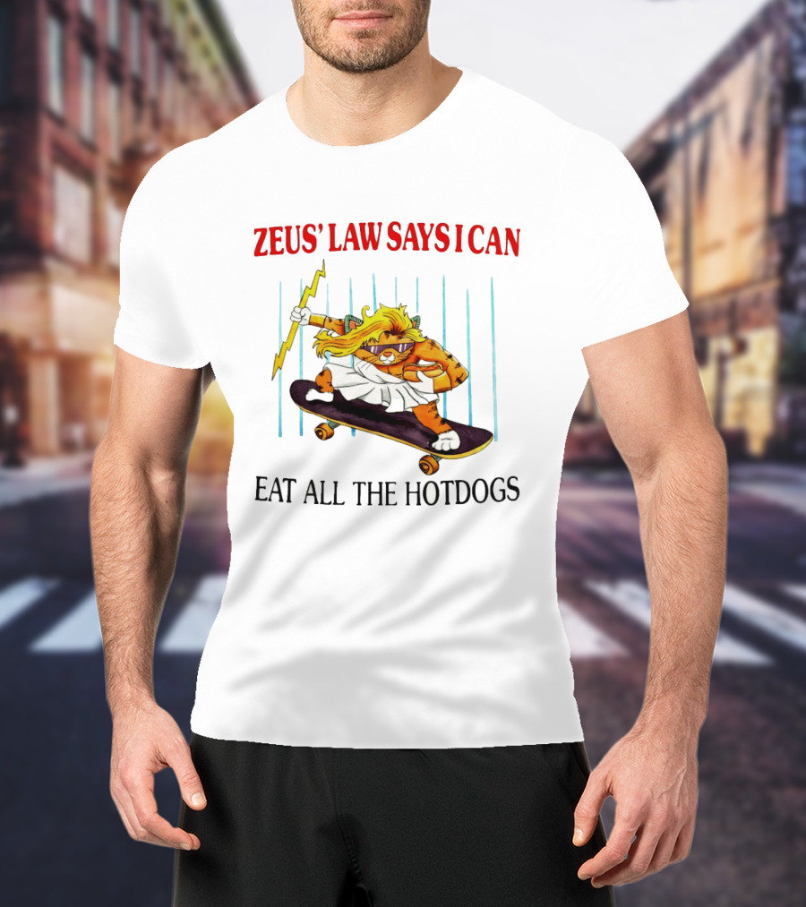 Zeus' Law Says I Can Eat All The Hotdogs Cat Holding Lightning Skateboard T-Shirt