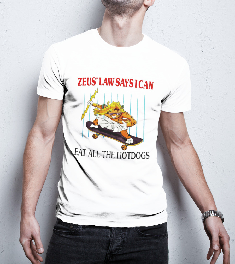 Zeus' Law Says I Can Eat All The Hotdogs Cat Holding Lightning Skateboard T-Shirt