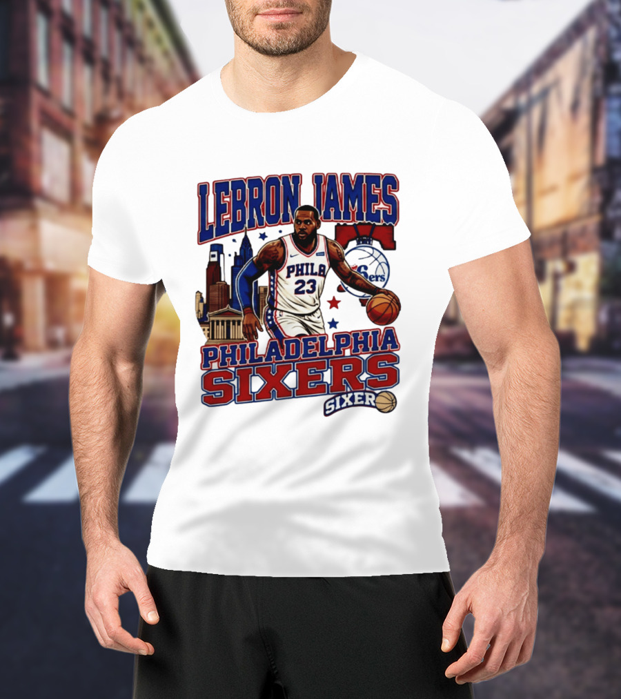 LeBron James Philadelphia Sixers No 23 Jersey Cityscape Basketball T-Shirt