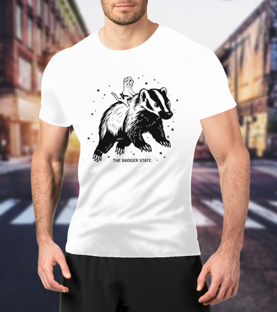 The Badger State Cat Wearing Cheese Hat On Badger With Stars T-Shirt