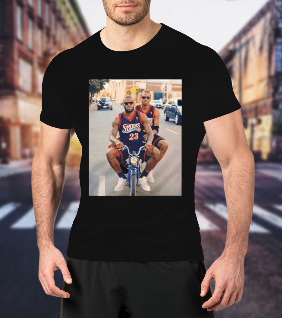 Philadelphia 76ers LeBron James Allen Iverson Duo On Bicycle T-Shirt