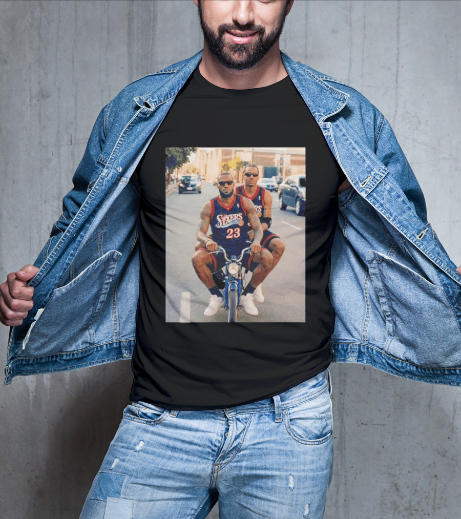 Philadelphia 76ers LeBron James Allen Iverson Duo On Bicycle T-Shirt