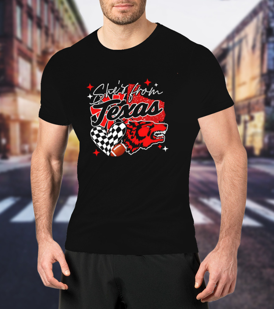 Cheerleading Texas Football Wolf She's From Texas Heart Checkered Ball Stars T-Shirt