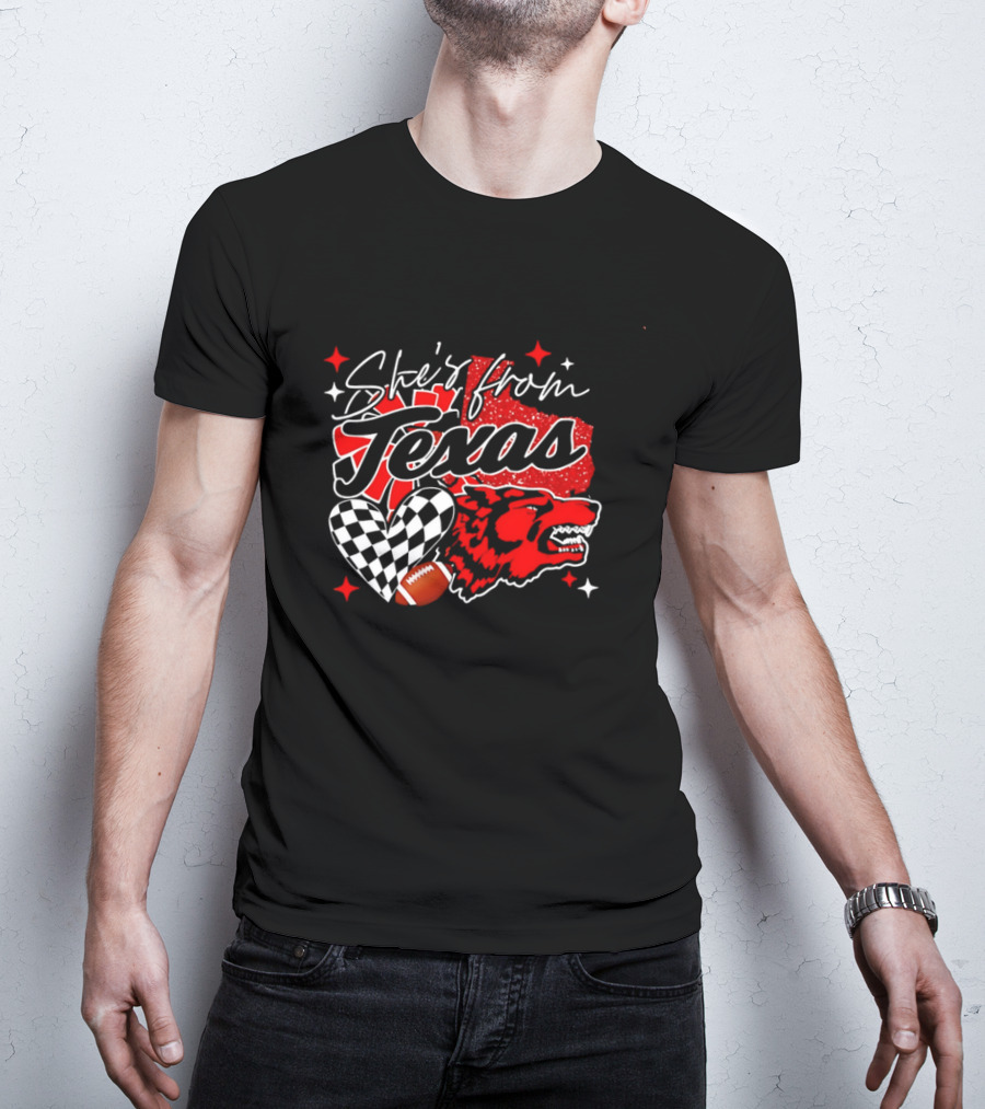 Cheerleading Texas Football Wolf She's From Texas Heart Checkered Ball Stars T-Shirt