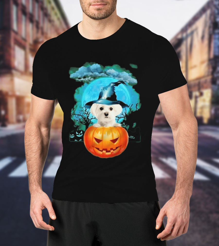 Happy Halloween White Maltese Witch Hat Pumpkin Blue Moon T-Shirt