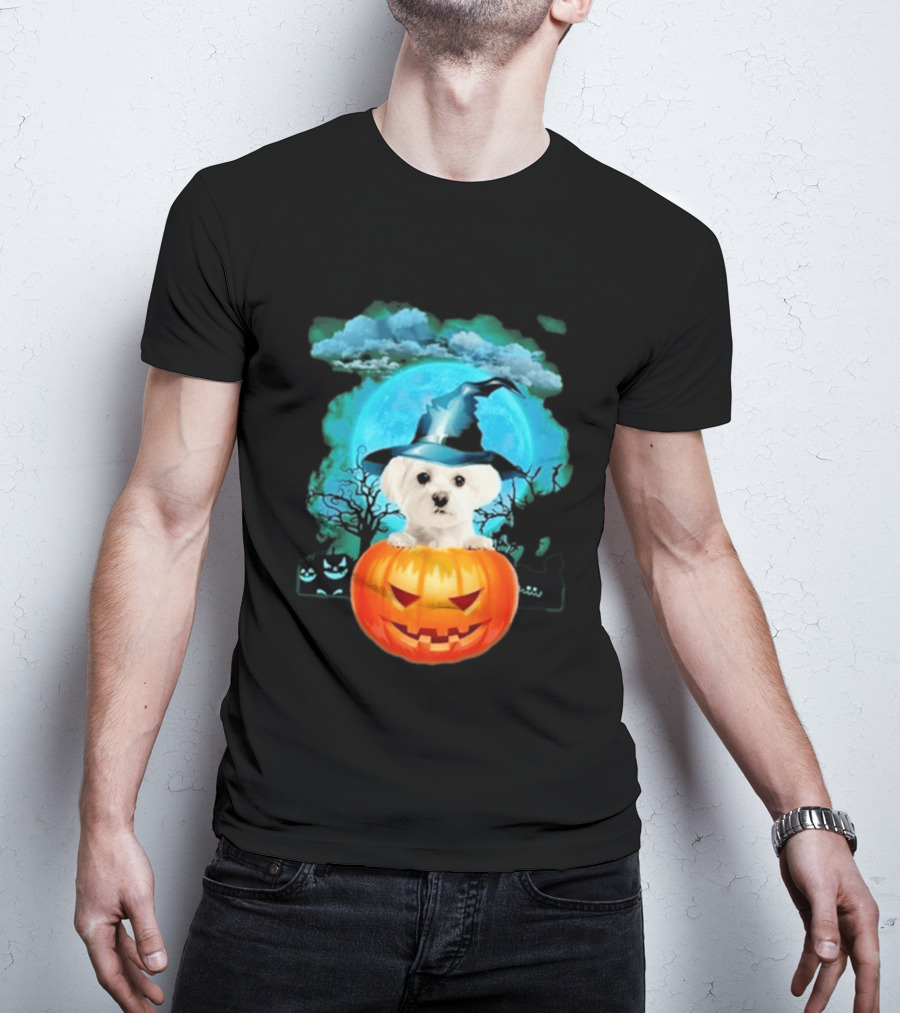 Happy Halloween White Maltese Witch Hat Pumpkin Blue Moon T-Shirt