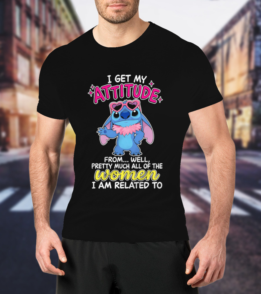 I Get My Attitude From Pretty Much All Of The Women I Am Related To Cute Blue Cartoon Character With Pink Accessories T-Shirt