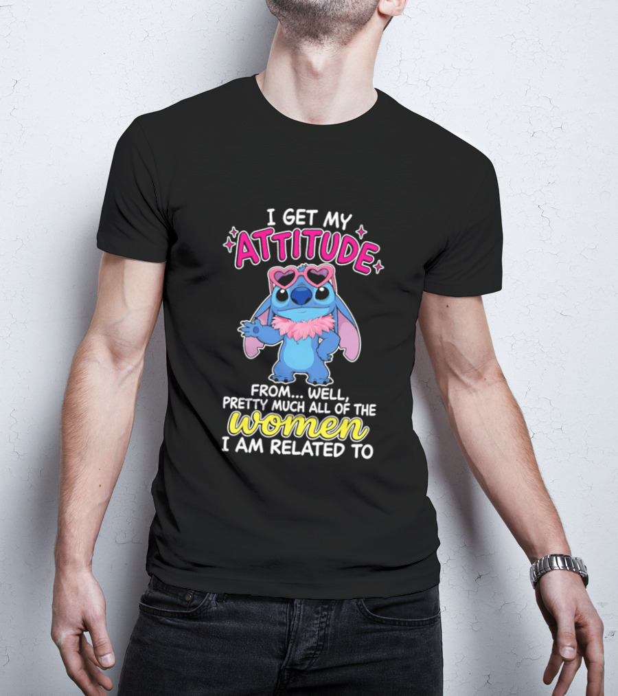 I Get My Attitude From Pretty Much All Of The Women I Am Related To Cute Blue Cartoon Character With Pink Accessories T-Shirt