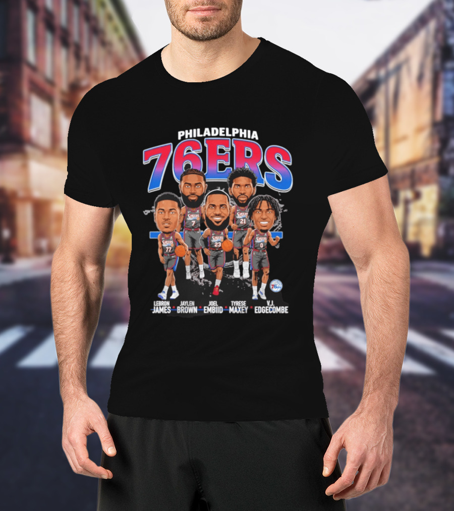Philadelphia 76ers LeBron James Jaylen Brown Joel Embiid Tyrese Maxey VJ Edgecombe Caricature T-Shirt