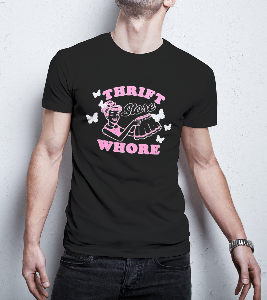 Thrift Store Whore Retro Feminine Fun Pink Butterfly T-Shirt