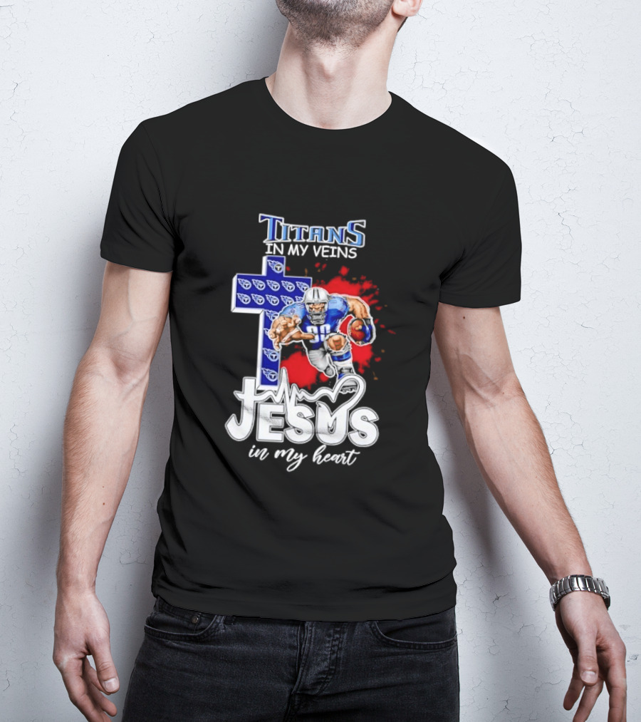 Titans In My Veins Jesus In My Heart Football Player Cross T-Shirt