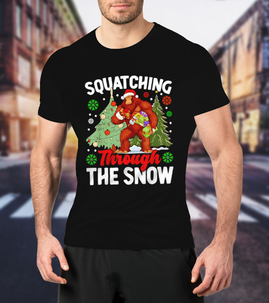 Squatching Through The Snow Bigfoot Christmas Tree Holiday Santa Big Foot T-Shirt