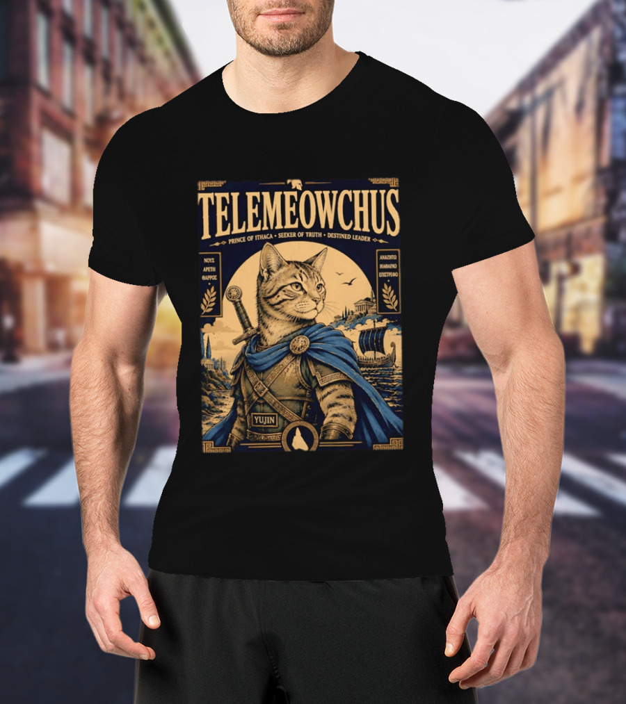 TELEMEOWCHUS Prince Of Ithaca Seeker Of Truth Destined Leader Yujin Greek Mythology Cat Warrior T-Shirt