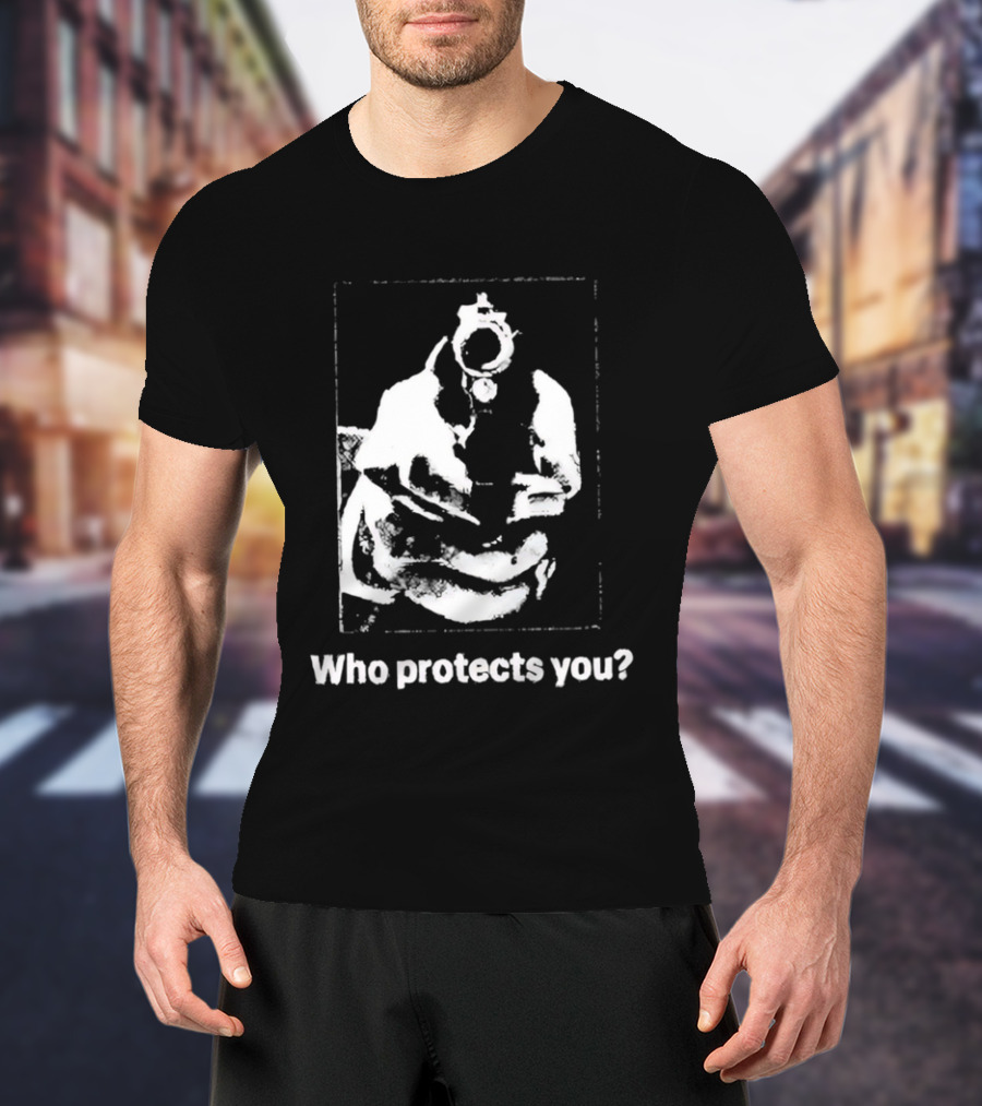 Who Protects You Question With Gun Aimed At Viewer T-Shirt