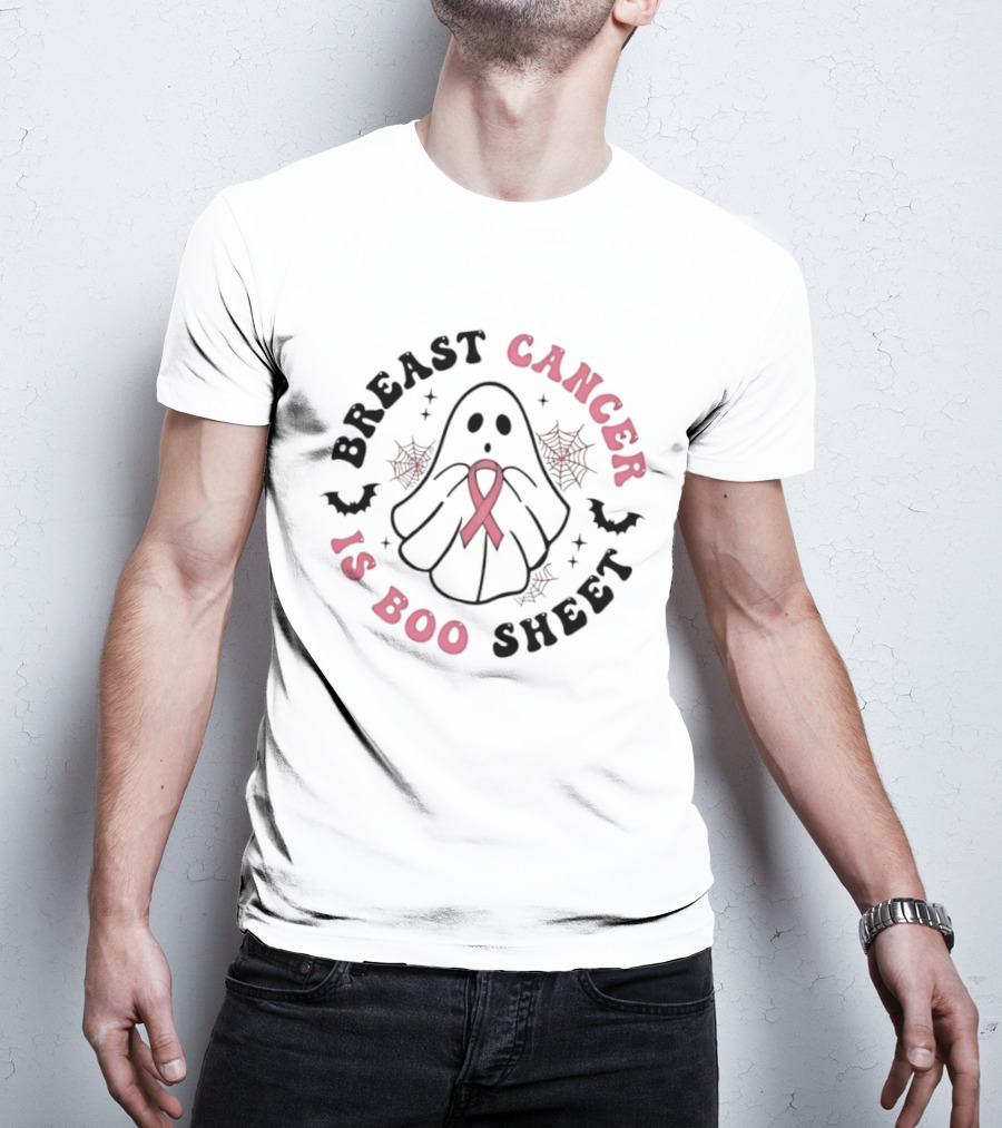 Breast Cancer Awareness Ghost Boo Sheet Ribbon Spooky Webs Bats T-Shirt