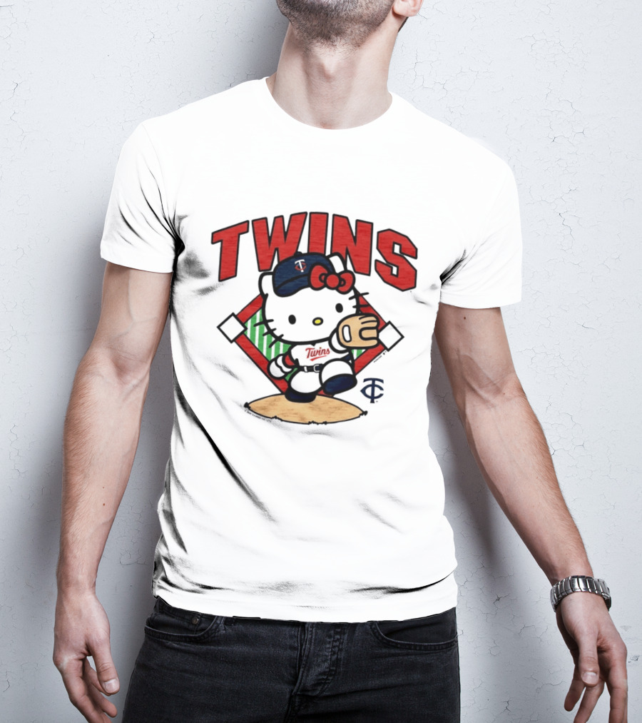 Hello Kitty Twins Baseball Distressed MLB Player Cartoon T-Shirt