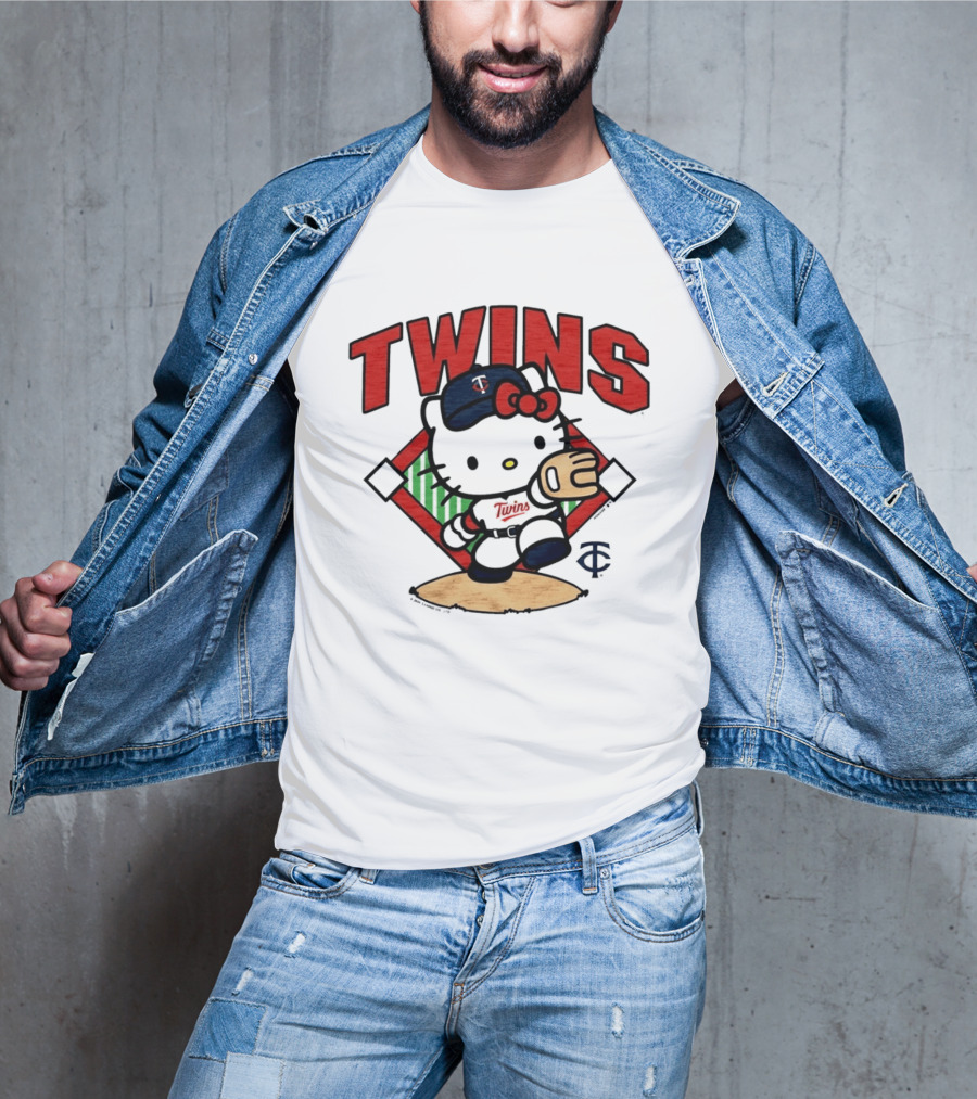Hello Kitty Twins Baseball Distressed MLB Player Cartoon T-Shirt