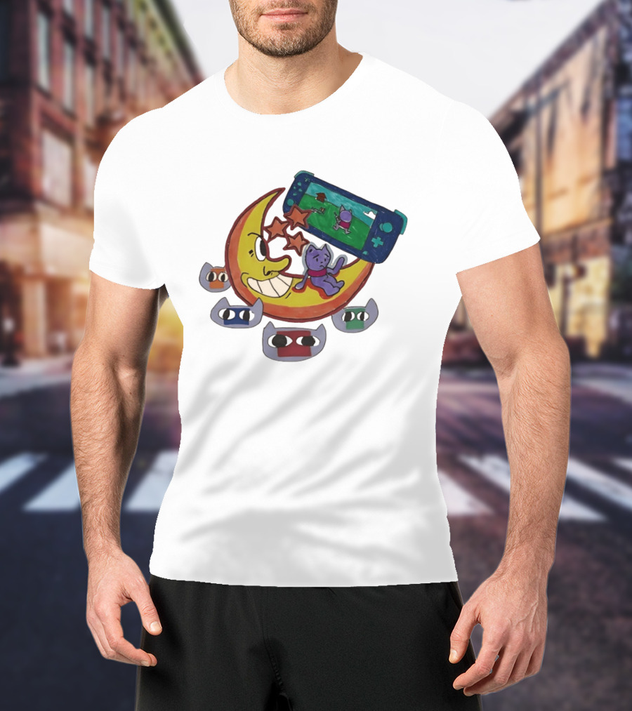 Cartoon Moon And Cat Playing Game With Stars And Colorful Masks T-Shirt
