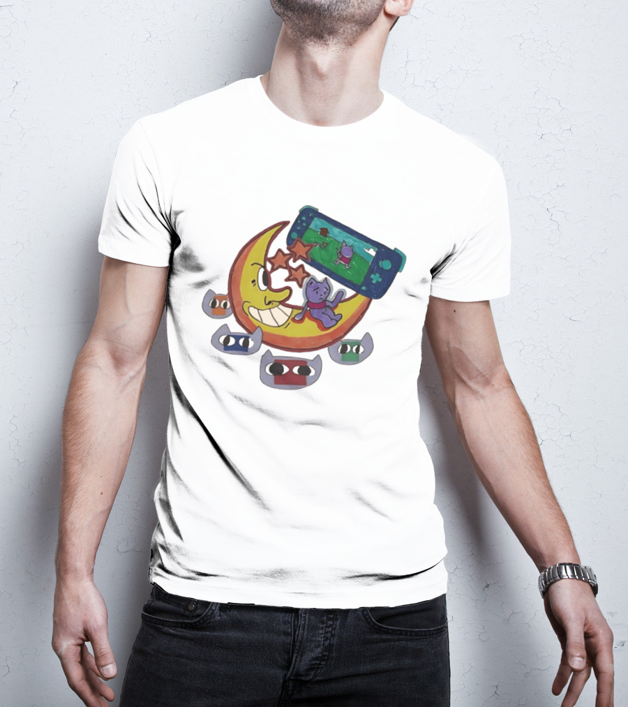 Cartoon Moon And Cat Playing Game With Stars And Colorful Masks T-Shirt