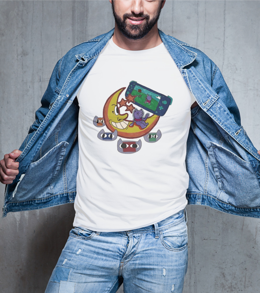 Cartoon Moon And Cat Playing Game With Stars And Colorful Masks T-Shirt