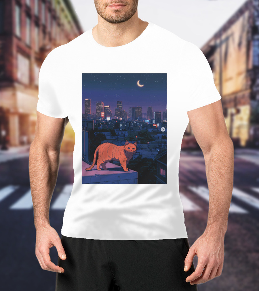 Orange Tabby Cat Under Night Sky Overlooking City Skyline With Crescent Moon T-Shirt