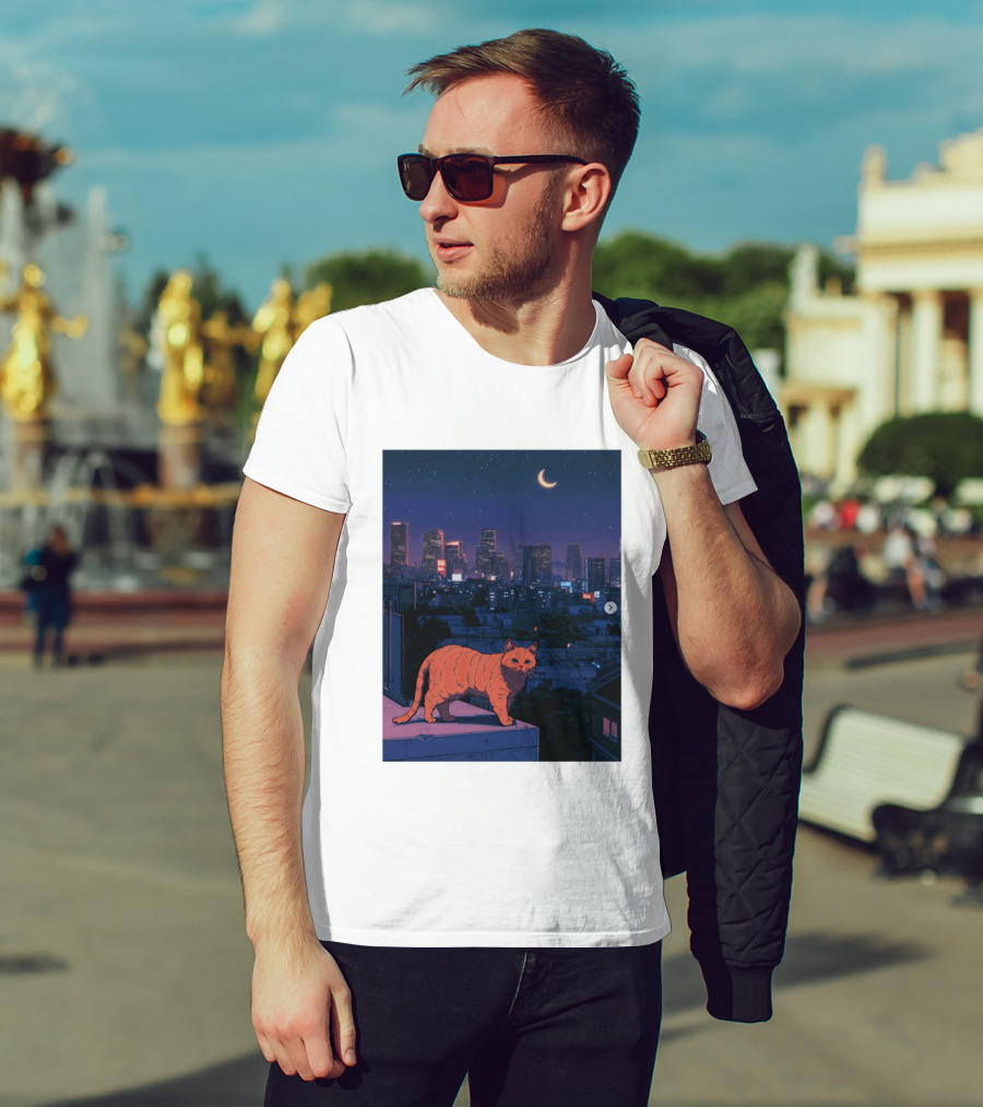Orange Tabby Cat Under Night Sky Overlooking City Skyline With Crescent Moon T-Shirt