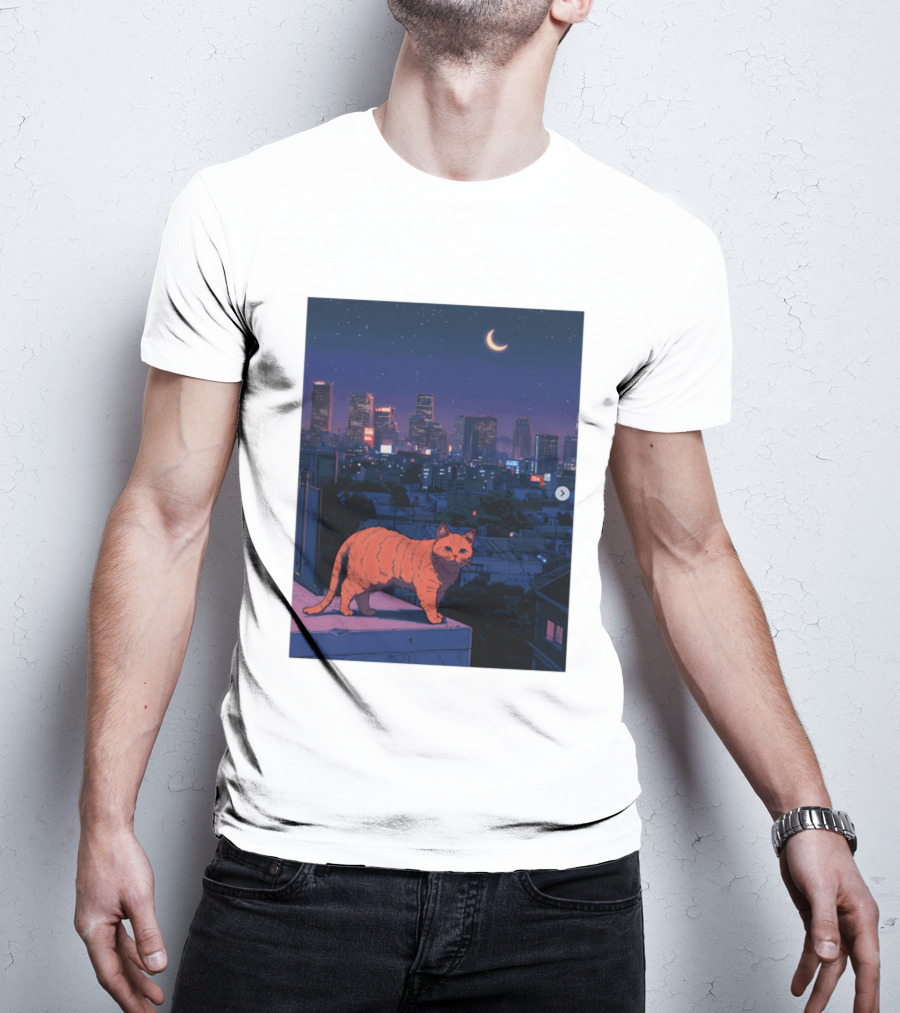 Orange Tabby Cat Under Night Sky Overlooking City Skyline With Crescent Moon T-Shirt