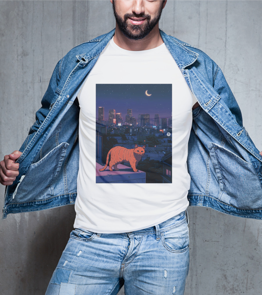Orange Tabby Cat Under Night Sky Overlooking City Skyline With Crescent Moon T-Shirt