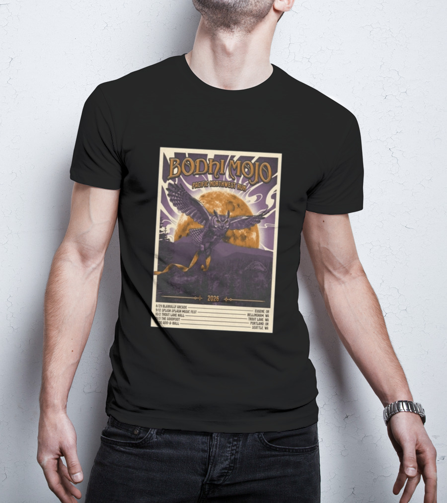 Bodhi Mojo Pacific Northwest Run 2026 Tour Owl Illustration Dates And Locations T-Shirt