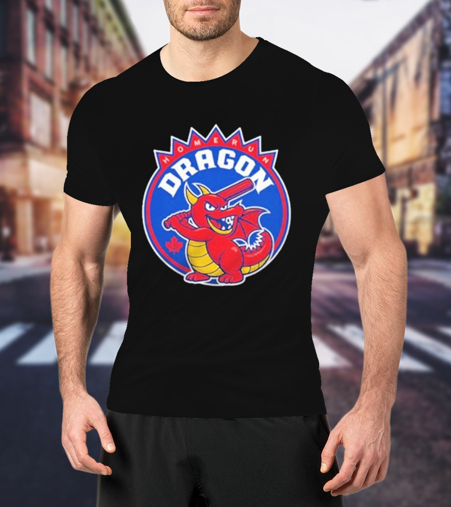 Home Run Dragon Baseball Batting Red Maple Leaf T-Shirt