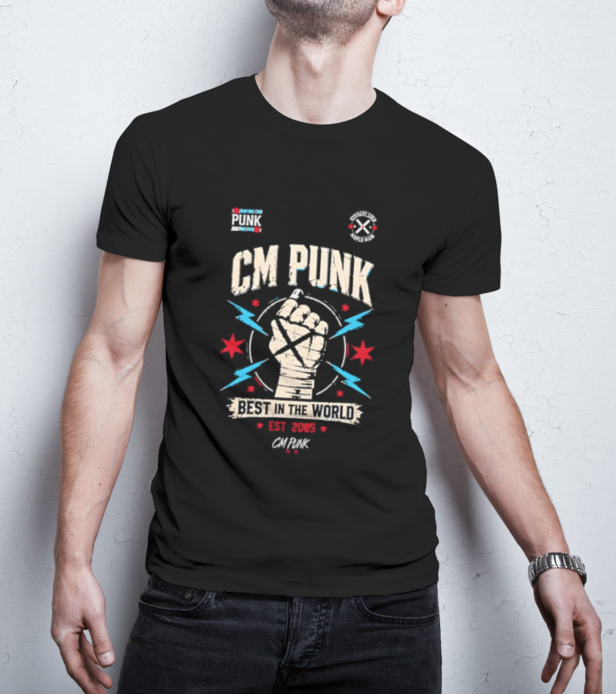 CM Punk Fist Best In The World Est 2005 Stars And Lightning T-Shirt
