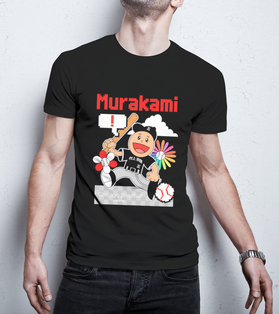 Murakami Chicago Baseball IPlayers Animated Character Flower Motif T-Shirt