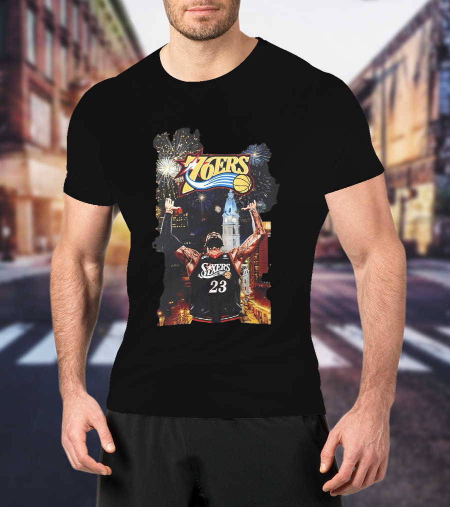 Philadelphia 76ers NBA Basketball 23 Cityscape Fireworks T-Shirt