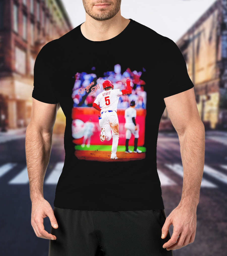Philadelphia Phillies Bryson Stott 5 Baseball Game Action T-Shirt