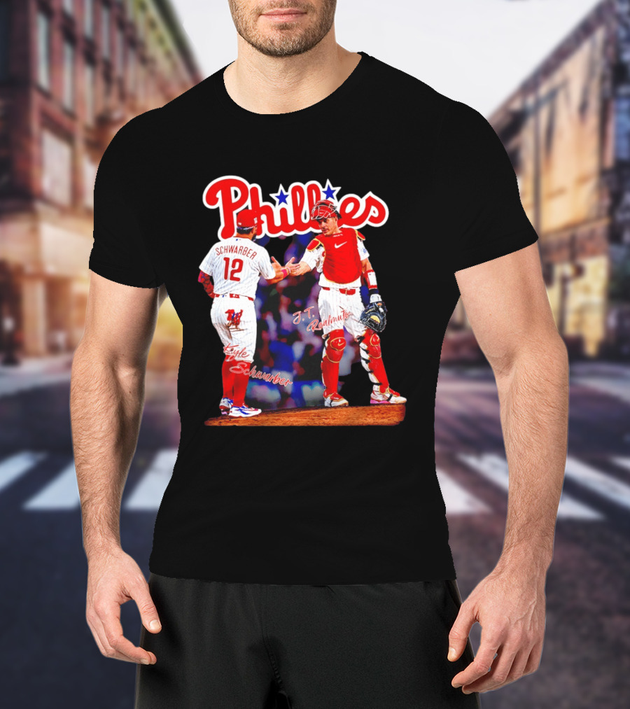 Philadelphia Phillies Kyle Schwarber J Realmuto 12 Catcher Handshake T-Shirt