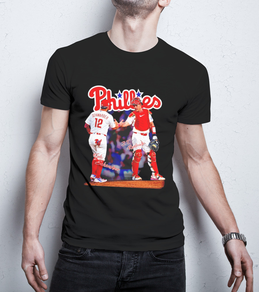 Philadelphia Phillies Kyle Schwarber J Realmuto 12 Catcher Handshake T-Shirt