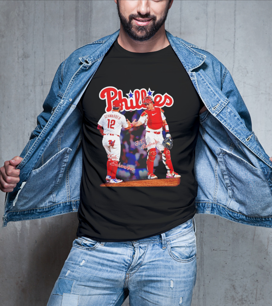 Philadelphia Phillies Kyle Schwarber J Realmuto 12 Catcher Handshake T-Shirt