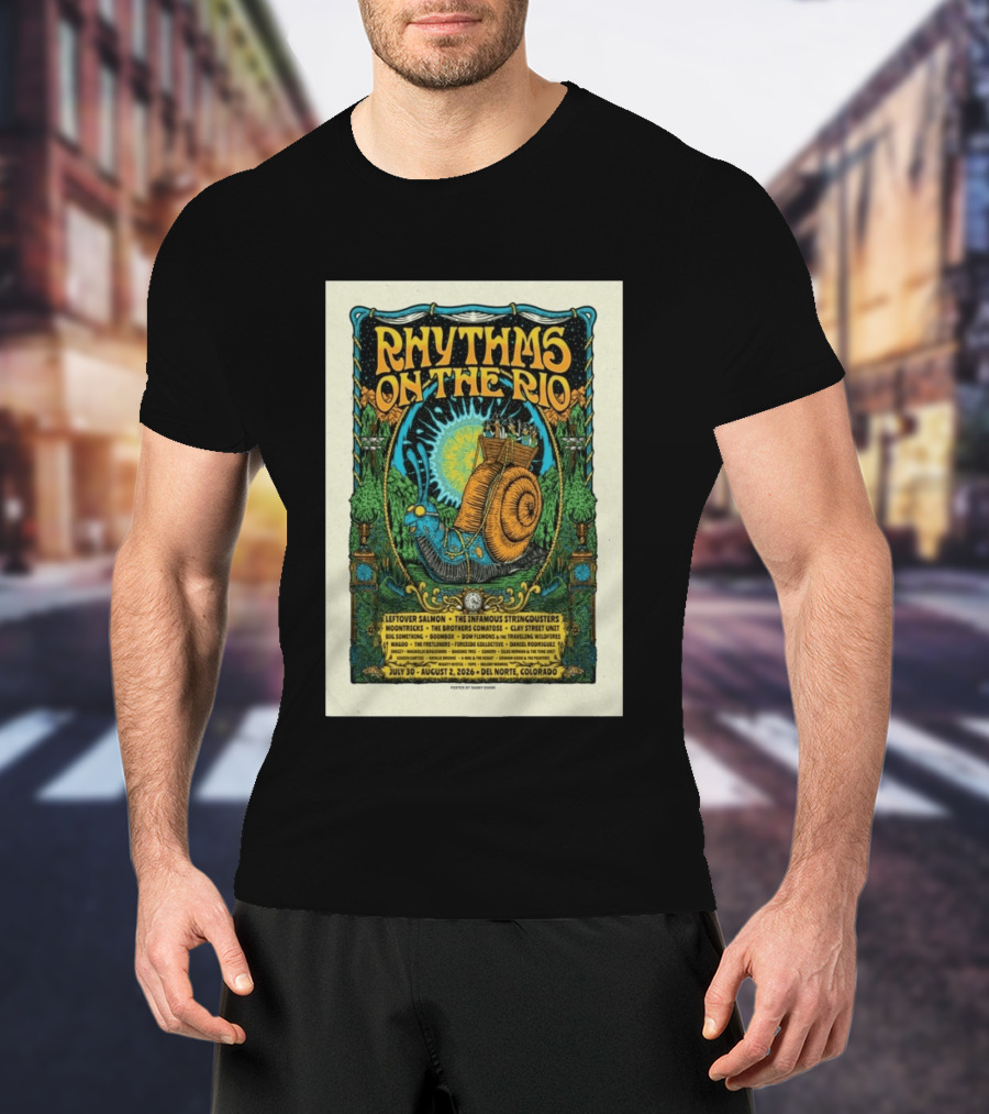 Rhythms On The Rio July 30 August 2 2026 Del Norte Colorado Leftover Salmon The Infamous Stringdusters T-Shirt