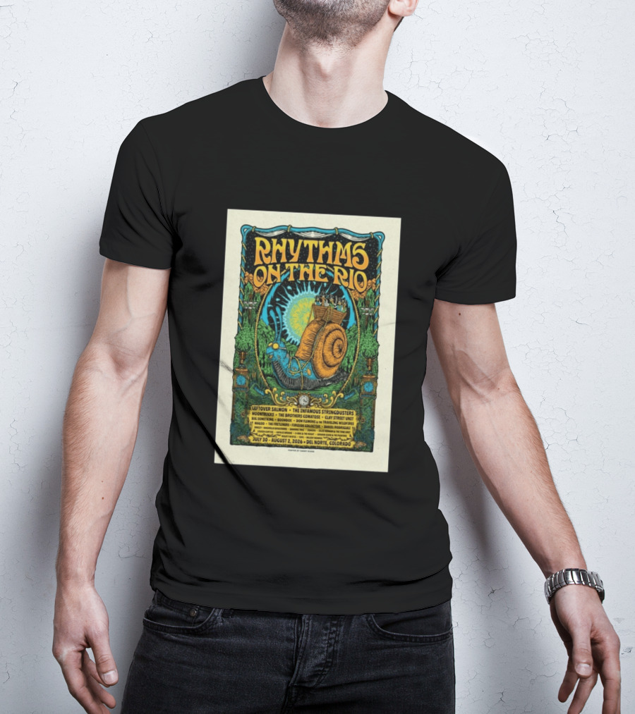Rhythms On The Rio July 30 August 2 2026 Del Norte Colorado Leftover Salmon The Infamous Stringdusters T-Shirt