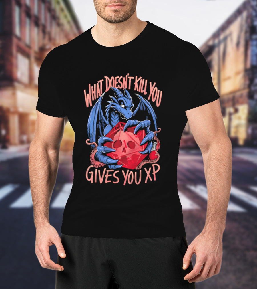 What Doesn't Kill You Gives You XP Blue Dragon Holding Red D20 Skull T-Shirt