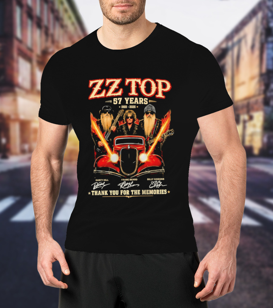 ZZ Top 57 Years 1969 2026 Dusty Hill Franc Beard Billy Gibbons Thank You For The Memories Classic Car And Guitars T-Shirt
