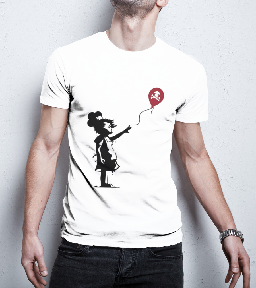 Baker Reaching For Cupcake And Crossbones Balloon Black Silhouette On Red T-Shirt