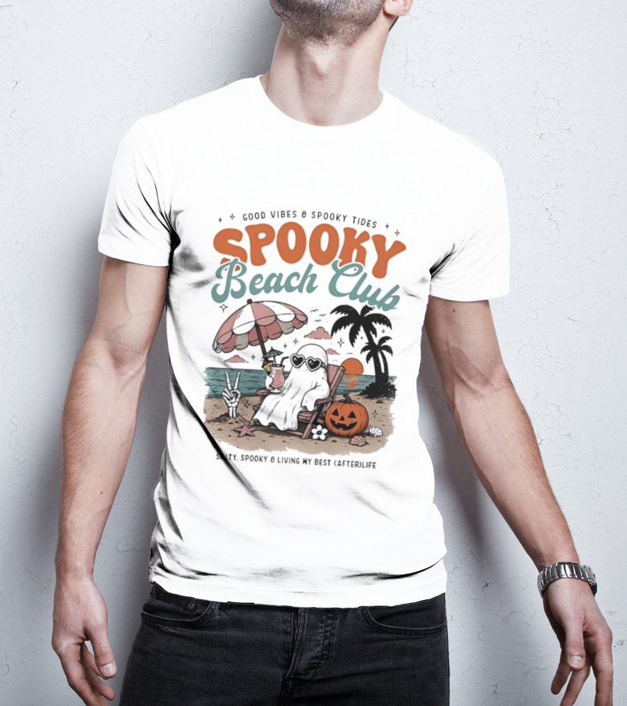 Good Vibes & Spooky Tides Spooky Beach Club Salty Spooky & Living My Best Afterlife T-Shirt