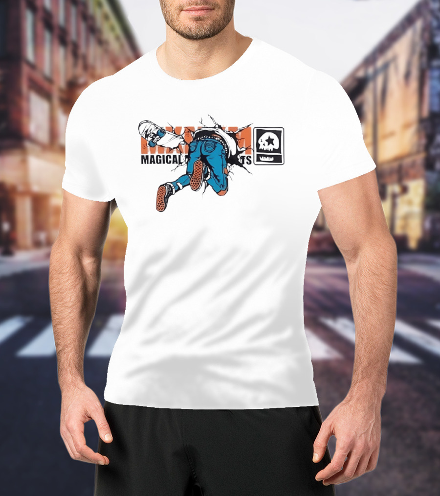 Magical Skateboarder Crashing Through Wall Skull Jeans Brick Wall T-Shirt