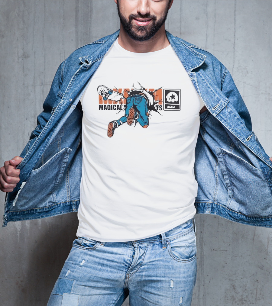 Magical Skateboarder Crashing Through Wall Skull Jeans Brick Wall T-Shirt