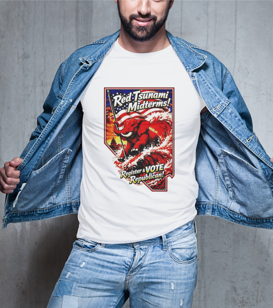 Red Tsunami Midterms Register And Vote Republican Political Elephant With American Flag T-Shirt