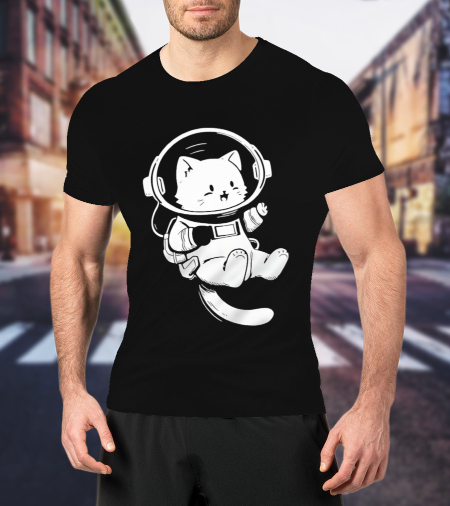 Astronaut Cat Floating In Space Suit Cosmic Adventure T-Shirt