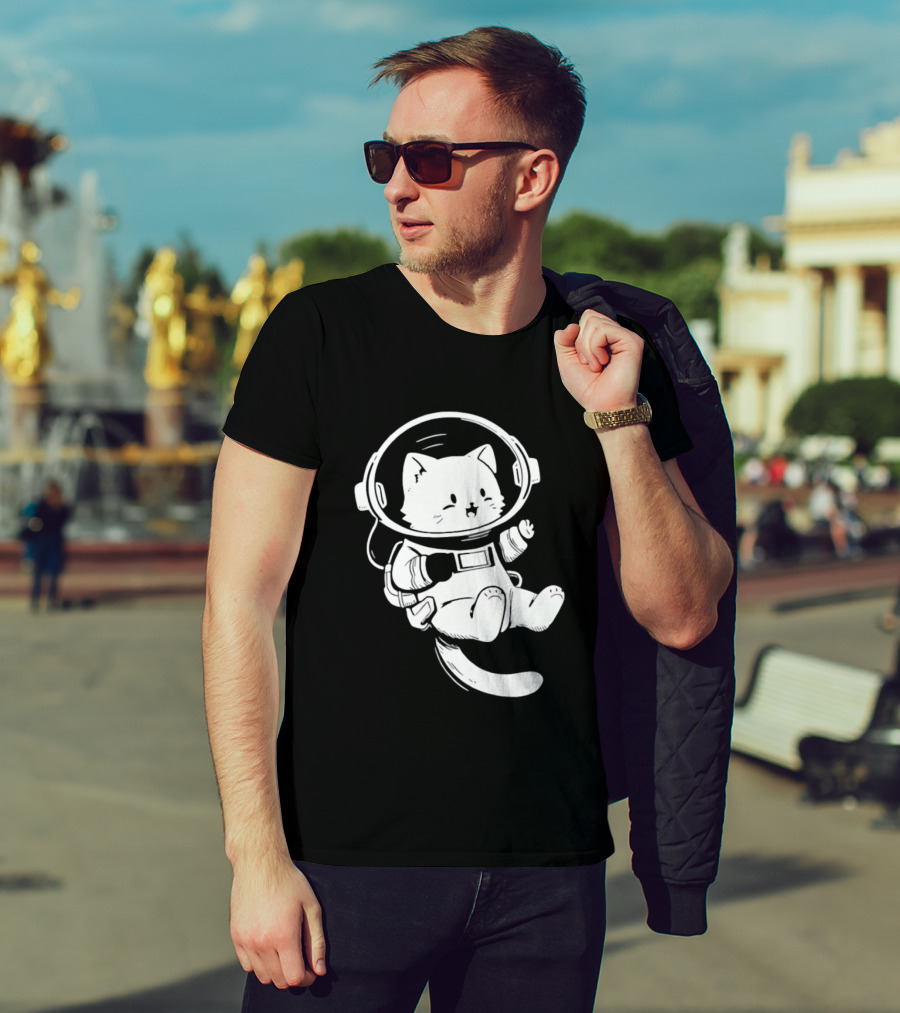 Astronaut Cat Floating In Space Suit Cosmic Adventure T-Shirt